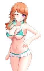 Rule 34 | 1girl, absurdres, bikini, bikini skirt, breasts, closed mouth, collarbone, cowboy shot, earrings, feather earrings, feathers, green hair, highres, hololive, hololive english, jewelry, large breasts, long hair, looking at viewer, multicolored hair, navel, one eye closed, orange hair, panpanmc4, purple eyes, simple background, smile, solo, stomach, swimsuit, takanashi kiara, thighs, two-tone hair, virtual youtuber, wet, white background