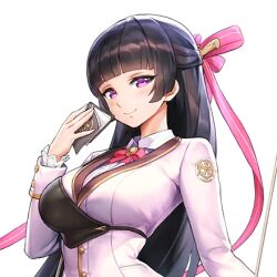 1girl arm_up black_hair blunt_bangs blush book breasts closed_mouth eyelashes female_focus game_cg hair_ornament hair_ribbon hime_cut holding holding_book kakiman large_breasts last_origin long_hair long_ribbon long_sleeves looking_at_viewer muneate official_art pink_ribbon purple_eyes ribbon school_uniform shirayuri_(last_origin) smile transparent_background upper_body