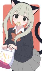 Rule 34 | 1girl, :3, absurdres, animal ear hairband, animal ears, bag, black eyes, black sweater, blush, blush stickers, border, bow, bowtie, cat ear hairband, cat ears, cat tail, closed mouth, collared shirt, commentary, dancing, dress shirt, fake animal ears, flat color, food, food in mouth, french fries, grey hair, grey skirt, hairband, harr illust, head tilt, highres, holding, holding bag, long hair, looking at viewer, mcdonald&#039;s, original, outside border, paper bag, pleated skirt, red background, red bow, red bowtie, school uniform, shakacat, shaking, shirt, skirt, solo, sweater, tail, twintails, v-shaped eyebrows, white border, white shirt