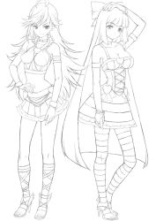 Rule 34 | 10s, 2girls, alternate costume, bow, bracelet, breasts, choker, cleavage, greyscale, hair bow, high heels, jewelry, kasanui, long hair, monochrome, multiple girls, open shoes, panty &amp; stocking with garterbelt, panty (psg), sandals, shoes, siblings, sisters, sketch, skirt, stocking (psg), thighhighs