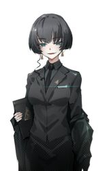 Rule 34 | 1girl, absurdres, allmind (armored core 6), armored core, armored core 6, black hair, black necktie, black suit, blue eyes, bob cut, breasts, business suit, earrings, formal, highres, jewelry, las91214, looking at viewer, medium breasts, mole, mole under eye, necktie, personification, shiny skin, short hair, simple background, skirt, skirt suit, smile, solo, suit, white background