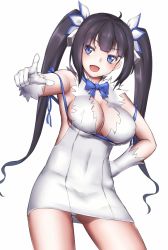 Rule 34 | 10s, 1girl, :d, ahoge, black hair, blue eyes, breasts, cleavage, dungeon ni deai wo motomeru no wa machigatteiru darou ka, ginko (nico), gloves, hair ribbon, hand on own hip, hestia (danmachi), large breasts, long hair, open mouth, rei no himo, revision, ribbon, simple background, skindentation, smile, solo, twintails, white background, white gloves