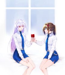 Rule 34 | 2girls, alcohol, belt, blue eyes, blue hair, blue neckwear, blue skirt, brown hair, chain, closed mouth, commentary, cup, dress shirt, drinking glass, hair ornament, hand on own thigh, highres, holding, holding cup, leoheart, long hair, long sleeves, looking at another, lyrical nanoha, mahou shoujo lyrical nanoha, mahou shoujo lyrical nanoha a&#039;s, mahou shoujo lyrical nanoha strikers, military, military uniform, miniskirt, multiple girls, necktie, on bed, open mouth, pencil skirt, ponytail, red eyes, reinforce, shirt, short hair, side slit, sitting, skirt, smile, toasting (gesture), tsab naval military uniform, uniform, white belt, white shirt, wine, wine glass, x hair ornament, yagami hayate