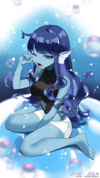 Rule 34 | 1girl, absurdres, black leotard, blue eyes, blue hair, blue skin, breasts, bubble, character request, clothing cutout, colored skin, commission, fins, head fins, highres, indie virtual youtuber, k (art71), leotard, liquid hair, long hair, medium breasts, one eye closed, open mouth, shadow, shorts, sitting, skeb commission, sleepy, sleeveless turtleneck leotard, solo, stomach cutout, thank you, twitter username, underwater, virtual youtuber, wariza, white shorts, yawning