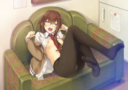 Rule 34 | 1girl, ass, black pantyhose, blue eyes, blush, breasts, brown hair, clenched hands, couch, crotch seam, dress shirt, feet, female focus, inato serere, legs, long hair, makise kurisu, necktie, nipples, no bra, no shoes, open clothes, open mouth, open shirt, panties, panties under pantyhose, pantyhose, red necktie, shirt, small breasts, solo, steins;gate, sweat, tears, teeth, underwear