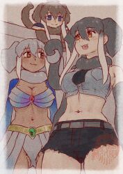 Rule 34 | 3girls, :3, african elephant (kemono friends), animal ears, arms at sides, bare shoulders, belt, bikini, blue eyes, border, breasts, brown eyes, brown hair, cleavage, closed mouth, cowboy shot, cropped shirt, dark-skinned female, dark skin, denim, denim shorts, elbow gloves, elephant ears, empty eyes, extra ears, gloves, gluteal fold, grey hair, hair between eyes, indian elephant (kemono friends), kemono friends, kishida shiki, large breasts, looking at another, mammoth (kemono friends), medium hair, midriff, multicolored hair, multiple girls, navel, open mouth, scarf, shirt, short shorts, shorts, shrug (clothing), sleeveless, sleeveless shirt, smile, stomach, swimsuit, two-tone hair, white border, white hair