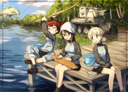 Rule 34 | 10s, 3girls, ^ ^, aki (girls und panzer), ankle boots, boots, brown eyes, brown hair, bt-42, bucket, closed eyes, commentary request, day, fish, fishing, fishing rod, girls und panzer, green eyes, grey skirt, hair between eyes, hat, highres, instrument, jacket, kantele, kawakami rokkaku, keizoku military uniform, light brown hair, long hair, mika (girls und panzer), mikko (girls und panzer), military, military vehicle, miniskirt, motor vehicle, multiple girls, outdoors, pants, pants rolled up, pants under skirt, pleated skirt, protected link, red hair, river, short hair, short twintails, sitting, skirt, tank, track jacket, track pants, twintails