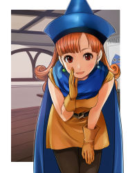 Rule 34 | 1girl, alena (dq4), cape, chunsoft, curly hair, dragon quest, dragon quest iv, dress, earrings, enix, gloves, hat, highres, jewelry, leaning forward, leggings, long hair, orange hair, pantyhose, poster (object), red eyes, shigureteki, slime (dragon quest), solo, wanted, wanted poster