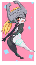 Rule 34 | 1girl, ass, bare shoulders, barefoot, blonde hair, blush, blush stickers, breasts, cougar (cougar1404), demon girl, fang, from behind, helmet, huge ass, long hair, looking at viewer, looking back, midna, nintendo, open mouth, red eyes, shiny skin, sideboob, small breasts, smile, solo, the legend of zelda, the legend of zelda: twilight princess