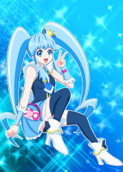 Rule 34 | 10s, 1girl, bad id, bad pixiv id, black thighhighs, blue background, blue eyes, blue hair, blue skirt, blue theme, crown, cure princess, do10nn, frills, full body, happinesscharge precure!, long hair, magical girl, matching hair/eyes, mini crown, necktie, precure, shirayuki hime, shoes, skirt, smile, solo, sparkle, thighhighs, twintails, v, wrist cuffs