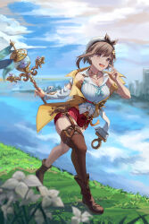 Rule 34 | 1girl, absurdres, ankle boots, aqua neckerchief, as5267325aa, atelier (series), atelier ryza, atelier ryza 2, beret, black choker, black hairband, blue sky, blurry, blurry foreground, boots, braid, breasts, brown eyes, brown footwear, brown hair, brown thighhighs, choker, cityscape, cleavage, cloud, collarbone, detached sleeves, flower, full body, hair between eyes, hair ornament, hairband, hairpin, hat, highres, holding, holding staff, jacket, jewelry, key, key necklace, large breasts, looking at viewer, neckerchief, necklace, ocean, outdoors, pouch, red shorts, reisalin stout, running, shirt, short shorts, shorts, single thighhigh, sky, sleeveless, sleeveless jacket, sleeveless shirt, solo, staff, thigh pouch, thighhighs, white flower, white headwear, white shirt, white sleeves, yellow jacket