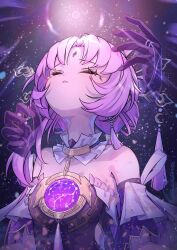 1girl absurdres bare_shoulders breasts caisena cleavage closed_eyes collar crying dress frilled_collar frills fu_xuan_(honkai:_star_rail) galaxy_background hair_between_eyes hair_ornament highres honkai:_star_rail honkai_(series) long_hair open_mouth pink_hair simple_background solo