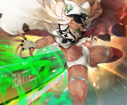 Rule 34 | 1girl, absurdres, bandaged arm, bandages, closed mouth, commentary request, dark-skinned female, dark skin, fingerless gloves, gloves, guilty gear, guilty gear strive, hair between eyes, hat, highres, huge filesize, long hair, looking at viewer, midriff, navel, nishiide kengorou, orange eyes, ramlethal valentine, shorts, single glove, solo, thighs, white gloves, white hair, white hat, white shorts