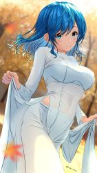 Rule 34 | 1girl, aigami shion, autumn, autumn leaves, blue eyes, blue hair, blurry, blurry background, braid, breasts, commentary request, covered navel, day, depth of field, dress, garter-velvet, highres, large breasts, leaf, long hair, looking at viewer, maple leaf, original, outdoors, sidelocks, skirt, smile, solo, standing, tree, twitter username, vietnamese dress, white dress, white skirt