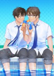 Rule 34 | 2boys, ace of diamond, black pants, blue sky, blush, brown eyes, brown hair, can, closed mouth, drink can, glasses, highres, holding, holding can, male focus, miyuki kazuya, multiple boys, necktie, outdoors, pants, pants rolled up, parted lips, pool, poolside, rio20011218, sawamura eijun, school uniform, shirt, short hair, sideburns, sitting, sky, soda can, water, white shirt