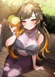 Rule 34 | 1girl, ahoge, arm support, bare shoulders, black bow, black bra, blonde hair, blouse, blurry, blurry background, blush, bow, bra, breasts, commentary request, crop top, crossed legs, food, grey hair, hair bow, hand up, highres, holding, holding food, ice cream, ice cream cone, jewelry, large breasts, lips, long hair, looking at viewer, midriff, mole, mole on breast, mole under eye, multicolored hair, nail polish, namagome negi, necklace, on bench, orange eyes, orange nails, original, outdoors, pants, parted lips, pearl necklace, see-through, see-through shirt, shirt, sitting, sleeveless, sleeveless shirt, solo, streaked hair, two-tone hair, underwear, very long hair