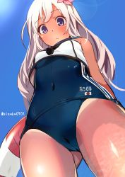 Rule 34 | 10s, 1girl, :o, absurdres, akechi shizuku, arms behind back, bare shoulders, blue sky, blush, cameltoe, clothes writing, covered navel, crop top, day, double vertical stripe, from below, highres, japanese flag, kantai collection, lens flare, lifebuoy, long hair, looking at viewer, looking down, one-piece swimsuit, one-piece tan, purple eyes, ro-500 (kancolle), sailor collar, school swimsuit, school uniform, serafuku, sky, solo, swim ring, swimsuit, tan, tanline, twitter username, white hair