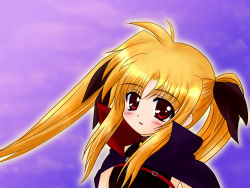 Rule 34 | 00s, 1girl, blonde hair, bow, cape, collar, fate testarossa, fate testarossa (lightning form), hair bow, looking at viewer, lyrical nanoha, mahou shoujo lyrical nanoha, purple background, red eyes, shaian, sidelocks, solo, twintails