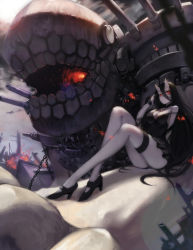 Rule 34 | 10s, 1girl, abyssal ship, bare shoulders, battleship princess, black dress, black hair, breasts, cannon, cleavage, dress, fire, high heels, highres, horns, kantai collection, large breasts, legs, long hair, off shoulder, pale skin, red eyes, short dress, skin-covered horns, solo, undeedking, very long hair