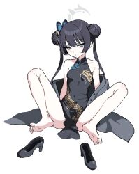 Rule 34 | 1girl, 7peach, bare shoulders, barefoot, black footwear, black hair, blazer, blue archive, blush, breasts, china dress, chinese clothes, covered navel, double bun, dragon print, dress, expressionless, feet, grey eyes, hair bun, hair ornament, halo, high heels, highres, jacket, kisaki (blue archive), legs, long hair, off shoulder, shoes, unworn shoes, simple background, sleeveless, sleeveless dress, small breasts, soles, solo, spread legs, toes, white background