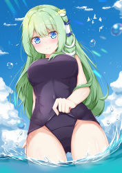 Rule 34 | 1girl, alternate costume, arm behind back, bare arms, bird, blue eyes, blue sky, blush, breasts, clothes pull, cloud, commentary request, frog hair ornament, from below, green hair, hair ornament, hair tubes, kochiya sanae, large breasts, long hair, looking at viewer, looking down, ocean, old school swimsuit, one-piece swimsuit pull, rururiaru, school swimsuit, sky, smile, snake hair ornament, solo, swimsuit, touhou, very long hair, wading, water drop