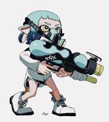 Rule 34 | 1girl, artist name, black shorts, blue hair, blue trim, blunt bangs, bright pupils, covered mouth, eyebrow cut, female focus, finger on trigger, full body, gradient hair, grey background, heel up, highres, holding, holding weapon, inkling, inkling girl, inkling player character, legs, long sleeves, multicolored hair, nintendo, pointy ears, shirt, shoes, shogo (shogo70449442), short hair, short shorts, shorts, signature, simple background, solo, splatoon (series), splattershot nova (splatoon), standing, two-handed, two-tone hair, v-shaped eyebrows, weapon, white footwear, white pupils, white shirt, yellow eyes