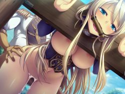 Rule 34 | 1boy, 1girl, bit gag, blonde hair, blue eyes, bottomless, breasts, breasts out, censored, cum, cum in pussy, domination, dutch angle, gag, gagged, game cg, hetero, humiliation, kantaka, large breasts, long hair, mashou no nie, mashou no nie 3, mireille von austria, navel, nipples, pillory, restrained, sex, solo focus, stationary restraints, tears, vaginal