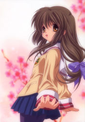 Rule 34 | 00s, absurdres, bow, brown eyes, brown hair, clannad, cover, cover page, highres, ibuki fuuko, long hair, non-web source, official art, pantyhose, school uniform, serafuku, solo