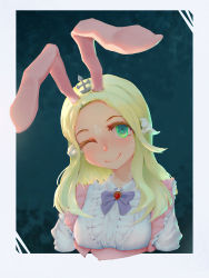 Rule 34 | 1girl, animal ears, au ra, babai hu, blonde hair, blue background, blush, bow, bowtie, breasts, closed mouth, commentary request, crown, final fantasy, final fantasy xiv, gem, green eyes, head tilt, highres, horns, long hair, looking at viewer, medium breasts, mini crown, one eye closed, purple bow, purple bowtie, rabbit ears, smile, solo, upper body