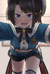Rule 34 | 1girl, beret, black bow, black bowtie, black hair, blouse, blue eyes, blue jacket, blue shorts, blurry, blurry background, blush, bow, bowtie, cake506, commentary request, cowboy shot, grey shirt, grey thighhighs, hair ornament, hat, highres, hip vent, hololive, indoors, jacket, oozora subaru, oozora subaru (work), open mouth, pov, sailor collar, shirt, shorts, smile, solo, striped clothes, striped shirt, thighhighs, vertical-striped clothes, vertical-striped shirt, virtual youtuber