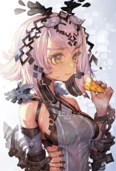 Rule 34 | 1girl, breasts, cheese, detached sleeves, food, hand up, highres, holding, holding food, medium breasts, medium hair, original, see-through, shadow, solo, upper body, voruvoru, white hair, yellow eyes