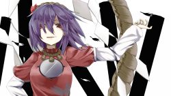 Rule 34 | 1girl, breasts, female focus, hair ornament, highres, large breasts, layered sleeves, long sleeves, looking at viewer, mirror, outstretched arm, puffy short sleeves, puffy sleeves, purple hair, red eyes, rope, shimenawa, shirt, short over long sleeves, short sleeves, smirk, solo, touhou, upper body, yamato (muchuu paradigm), yasaka kanako