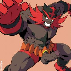 Rule 34 | 1boy, abs, bara, beard, body hair, chest hair, claw pose, creatures (company), dark skin, dark-skinned male, dizdoodz, erection, facial hair, foreskin, game freak, gen 7 pokemon, head tilt, highres, incineroar, large pectorals, luchador, luchador mask, male focus, male pubic hair, muscular, muscular male, navel, navel hair, nintendo, nipples, nude, pectorals, penis, personification, pokemon, pubic hair, red footwear, red hair, short hair, simple background, solo, spread legs, thick eyebrows, thick thighs, thighs, uncensored, veins, veiny penis, wrestler, wrestling mask, wrestling outfit, yellow eyes