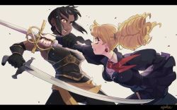 Rule 34 | 2girls, armor, artist name, black gloves, black pants, black shirt, black skirt, blonde hair, braid, braided ponytail, commission, dark-skinned female, dark skin, drill hair, duel, earrings, epebe, eye contact, eyelashes, gloves, highres, holding, holding sword, holding weapon, jewelry, letterboxed, long sleeves, looking at another, multiple girls, nail polish, original, pants, ponytail, puffy long sleeves, puffy sleeves, red nails, red neckwear, shirt, sidelocks, simple background, skirt, standing, sword, weapon, white background, yellow eyes