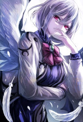 Rule 34 | 1girl, arm under breasts, bob cut, bow, bowtie, brooch, collared shirt, commentary, covered mouth, covering own mouth, cowboy shot, dress, dutch angle, feathered wings, feathers, from behind, full moon, hair between eyes, hand over own mouth, hand up, highres, jan (lightdragoon), jewelry, kishin sagume, light particles, looking at viewer, moon, purple dress, red bow, red bowtie, red eyes, shirt, short hair, sidelocks, single wing, solo, touhou, white dress, white hair, white wings, wing collar, wings