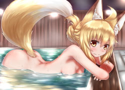 Rule 34 | 1girl, ahoge, animal ear fluff, animal ears, bent over, blonde hair, blush, breasts, brown eyes, commentary request, crossed arms, fang, folded ponytail, fox ears, fox girl, fox tail, horokusa (korai), korai (horokusa), looking at viewer, medium breasts, nude, onsen, original, partially submerged, short hair, smile, solo, tail, water, wet, wet hair