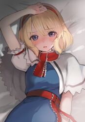 Rule 34 | 1girl, alice margatroid, bed sheet, blonde hair, blue dress, blue eyes, blush, capelet, dated, dress, frilled sleeves, frills, hair between eyes, hairband, highres, open mouth, red hairband, short hair, short sleeves, signature, solo, touhou, umino hotate, upper body, white capelet