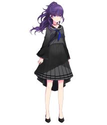 Rule 34 | 1girl, asahina mafuyu, black footwear, black neckerchief, blue neckerchief, empty eyes, expressionless, frilled sleeves, frills, full body, grey shirt, grey skirt, hair between eyes, highres, jewelry, long hair, long sleeves, multicolored neckerchief, neckerchief, necklace, non-web source, official art, pleated skirt, ponytail, project sekai, purple eyes, purple hair, shirt, skirt, solo, tachi-e