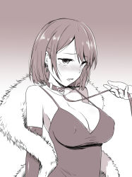 Rule 34 | 1girl, bare shoulders, blush, breasts, cleavage, collar, elbow gloves, covered erect nipples, feather boa, gloves, large breasts, leash, mole, mole under eye, monochrome, open mouth, short hair, solo focus, upper body, zaxwu