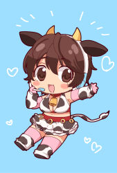 Rule 34 | 1girl, animal ears, animal print, bell, black footwear, black skirt, blue background, blush stickers, breasts, brown eyes, brown hair, chibi, collar, commentary, cow ears, cow horns, cow print, cow tail, cowbell, fake animal ears, fake horns, full body, gloves, hair between eyes, headset, heart, heart background, highres, horns, idolmaster, idolmaster cinderella girls, idolmaster cinderella girls starlight stage, james (jms-pnt), large breasts, looking at viewer, navel, neck bell, no nose, oikawa shizuku, open mouth, outstretched arm, pink gloves, pink thighhighs, red collar, short hair, simple background, skirt, smile, solo, tail, thighhighs, white skirt