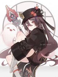 Rule 34 | 1girl, black coat, black hat, black shorts, blush, boo tao (genshin impact), bright pupils, brown hair, closed mouth, coat, coattails, flower, flower-shaped pupils, genshin impact, ghost, hand on own leg, hat, hat flower, hat tassel, highres, hu tao (genshin impact), karamaru626, light blush, long hair, long sleeves, looking at viewer, no shoes, polearm, red eyes, shorts, sitting, smile, socks, solo, staff of homa (genshin impact), symbol-shaped pupils, twintails, weapon, white background, white pupils, white socks