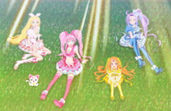 Rule 34 | 10s, 4girls, atsuman (hogumogu25), blue footwear, blush, boots, bow, choker, cure beat, cure melody, cure muse, cure muse (yellow), cure rhythm, grass, houjou hibiki, hummy (suite precure), knee boots, kurokawa eren, long hair, looking at viewer, magical girl, minamino kanade, multiple girls, open mouth, pink bow, precure, seiren (suite precure), shirabe ako, sitting, smile, suite precure, thigh boots, thighhighs, twintails, white choker, yellow bow
