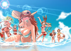 Rule 34 | 10s, 6+girls, absurdres, aliza (granblue fantasy), alternate costume, animal ears, ass, bandeau, beach, bikini, blonde hair, blue eyes, breasts, brown hair, carren, clarisse (granblue fantasy), cleavage, cleavage cutout, clothing cutout, come hither, condom, condom in mouth, dekosukentr, draph, eyewear on head, granblue fantasy, grin, hat, highres, honda mio, idolmaster, idolmaster cinderella girls, large breasts, leaning to the side, lens flare, light particles, light rays, long hair, looking at viewer, looking back, mary (granblue fantasy), midriff, mouth hold, multiple girls, navel, orange eyes, orange hair, partially submerged, rabbit ears, red bikini, shawl, side-tie bikini bottom, smile, standing, standing on liquid, standing on one leg, straw hat, sun, sunglasses, sunlight, swimsuit, vyrn (granblue fantasy), wavy hair, zeta (granblue fantasy), zeta (summer) (granblue fantasy)