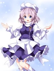 Rule 34 | 1girl, :d, blue eyes, boots, frilled skirt, frills, hair between eyes, hat, highres, juliet sleeves, letty whiterock, light purple hair, long sleeves, looking at viewer, open mouth, outstretched arms, puffy sleeves, purple vest, ruu (tksymkw), scarf, short hair, skirt, smile, snowing, solo, spread arms, touhou, vest, white footwear, white scarf