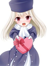 Rule 34 | 1girl, blush, colorized, fate/stay night, fate (series), gift, gloves, hat, heart, highres, illyasviel von einzbern, looking at viewer, red eyes, simple background, solo, wata (akawata), white hair
