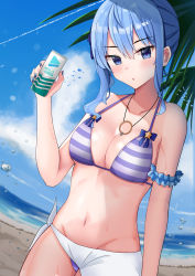 Rule 34 | 1girl, absurdres, ahoge, alternate costume, aqua hair, arm cuffs, beach, bikini, blue bikini, blue eyes, blue nails, blue sky, blush, breasts, can, cleavage, cloud, cloudy sky, collarbone, commentary, cowboy shot, day, drink, fingernails, groin, hair between eyes, hair ribbon, highres, holding, holding can, hololive, hoshimachi suisei, jewelry, logo, looking at viewer, medium breasts, medium hair, midriff, mikoto paint, nail, nail polish, navel, necklace, ocean, outdoors, parted lips, ribbon, sarong, side ponytail, sky, solo, striped bikini, striped clothes, swimsuit, thighs, tree, virtual youtuber, water drop, wet