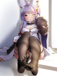 Rule 34 | 1girl, black thighhighs, breasts, cleavage, cleavage cutout, clothing cutout, erune, feet, foot focus, foreshortening, granblue fantasy, hair ornament, hairclip, headdress, highres, light purple hair, long hair, looking at viewer, medium breasts, nyama (12060517), one eye closed, pink eyes, sitting, solo, thighhighs, tikoh, wide sleeves