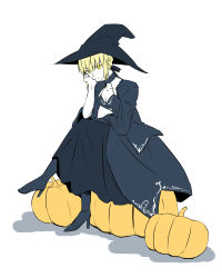 Rule 34 | 1girl, artoria pendragon (fate), blonde hair, boots, breasts, choker, cleavage, dress, fate/stay night, fate (series), halloween, hat, high heel boots, pumpkin, saber (fate), saber alter, short hair, witch hat, yellow eyes