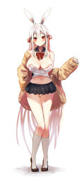 Rule 34 | 1girl, absurdres, animal ears, bare shoulders, black skirt, blush, breasts, brown jacket, cleavage, detached collar, full body, highres, jacket, kneehighs, large breasts, long hair, long sleeves, looking at viewer, microskirt, midriff, navel, open clothes, open jacket, original, pleated skirt, rabbit ears, red eyes, skirt, socks, solo, tomozero, white background, white hair, white socks