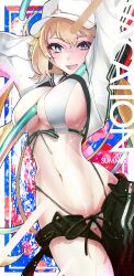 Rule 34 | 1girl, absurdres, alternate breast size, arms up, artoria caster (fate), artoria caster (swimsuit) (fate), artoria caster (swimsuit) (first ascension) (fate), artoria pendragon (fate), asymmetrical clothes, baseball cap, bikini, black pants, blonde hair, blush, breasts, cleavage, cropped jacket, fate/grand order, fate (series), fd3, green eyes, hat, highleg, highleg bikini, highres, hose, jacket, large breasts, long hair, long sleeves, looking at viewer, navel, open mouth, pants, shrug (clothing), sideboob, single pantsleg, smile, solo, swimsuit, thighs, twintails, wet, white bikini, white hat, white jacket